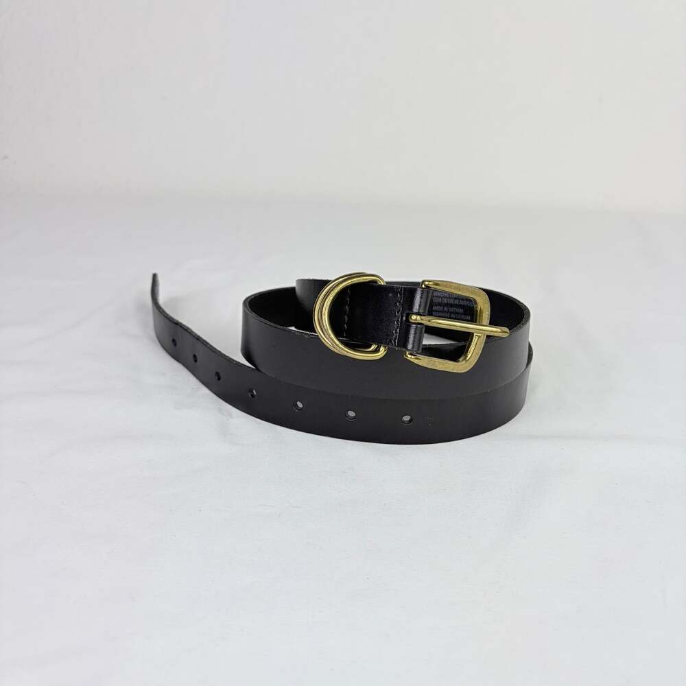 American Eagle black genuine leather women's belt size L brass color buckle chic